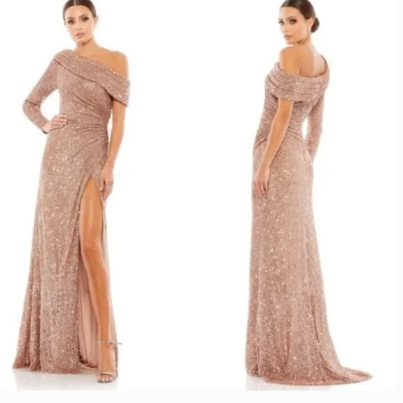 MAC DUGGAL 26571 SEQUINED DROP SHOULDER FAUX WRAP COPPER GOWN sz 4 - Picture 5 of 7